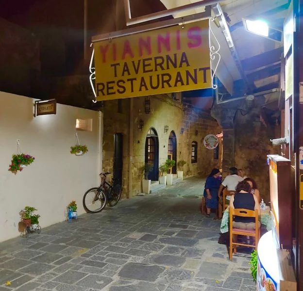 Greek taverna scene at Yiannis Home Cooking, Rhodes Old Town